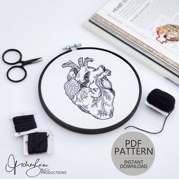 Heart Anatomy Embroidery Pattern - DIY Digital Download - PDF Pattern - Modern Hand Embroidery - Anatomy Art - Heart Art (BeCoProductions)