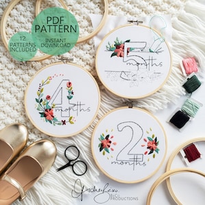 Baby Floral Milestones (6inch Hoops) Embroidery Pattern & Guide (12 Patterns Total), PDF Digital Download, Pregnancy Props (BeCoProductions)