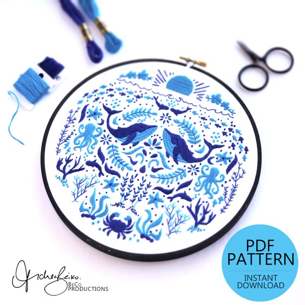 JUNE Monthly Monochromatic Folk Art Inspired Series Embroidery Pattern & Guide, DIY Digital Download, PDF Pattern (BeCoProdutions) Ocean Art