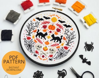 HALLOWEEN Folk Art Inspired Series - PDF Digital Download Cross Stitch Pattern & Guide