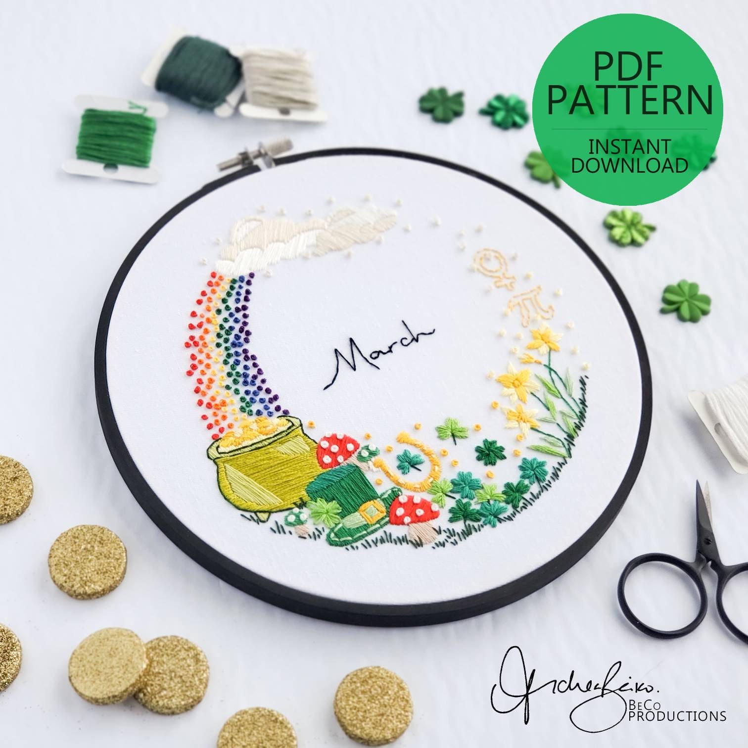 MARCH Monthly Series Wreath Embroidery Pattern &amp; Guide - DIY Digital Download - PDF Pattern ...