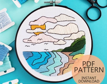 Beach Landscape Satin Stitch No.01 Embroidery Pattern & Guide - PDF Digital Download  (BeCoProductions)