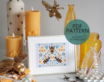 Summer Bees Folk Art Scene - PDF Digital Download Cross Stitch Pattern & Guide