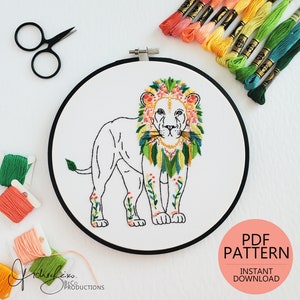 Floral Lion Embroidery Pattern & Guide - PDF Digital Download (BeCoProductions) Floral Animal Design