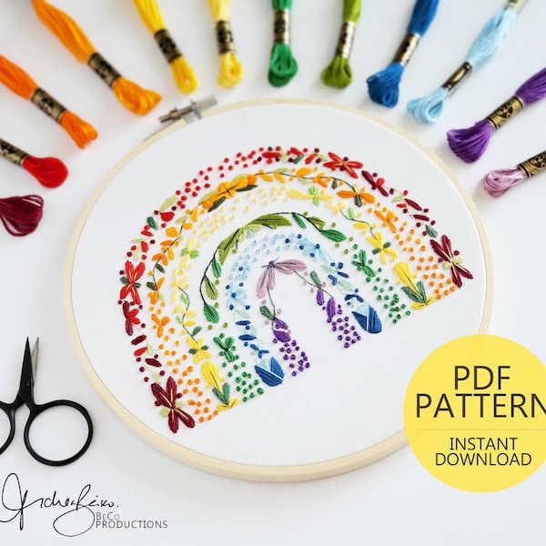 Large Floral Rainbow Embroidery Pattern & Guide - PDF Digital Download (BeCoProductions) PRIDE Flag, Rainbow Baby, Nursery Decor