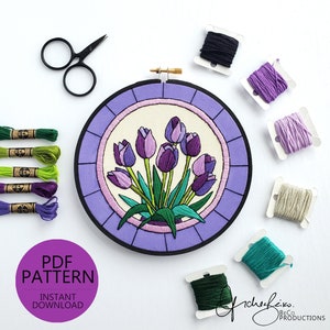 APRIL Tulips Stained Glass Monthly Series Embroidery Pattern & Guide - DIY Digital Download, PDF Pattern, Monthly Art (BeCoProductions)