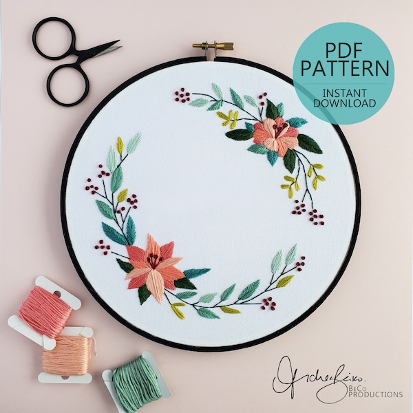 Floral Wreath #03 (Plain/Blank) Embroidery Pattern & Guide - PDF Digital Download (BeCoProductions)