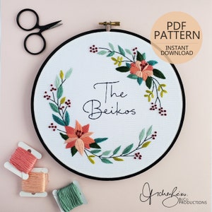 Custom Name/Surname Floral Wreath DIY Embroidery Digital Download Pattern & Guide - PDF Digital Download (BeCoProductions)