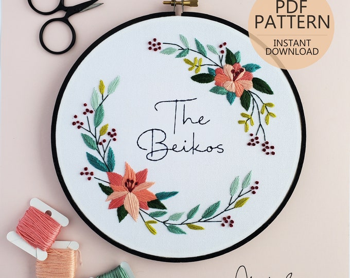 Custom Name Pattern Floral Banner - PDF Digital Download Embroidery ...