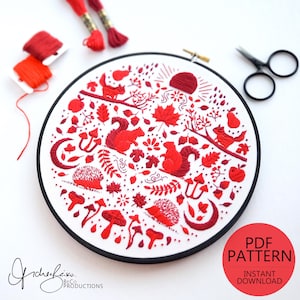 May include: Red embroidery pattern featuring a woodland scene with squirrels, hedgehogs, mushrooms, leaves, and a crescent moon. The pattern is designed for embroidery hoop art and includes the text "PDF PATTERN INSTANT DOWNLOAD".