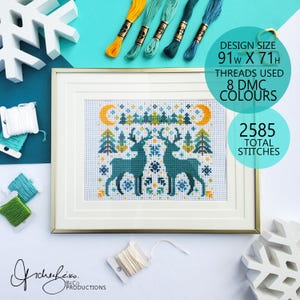 Winter Deer Folk Art Scene - PDF Digital Download Cross Stitch Pattern ...