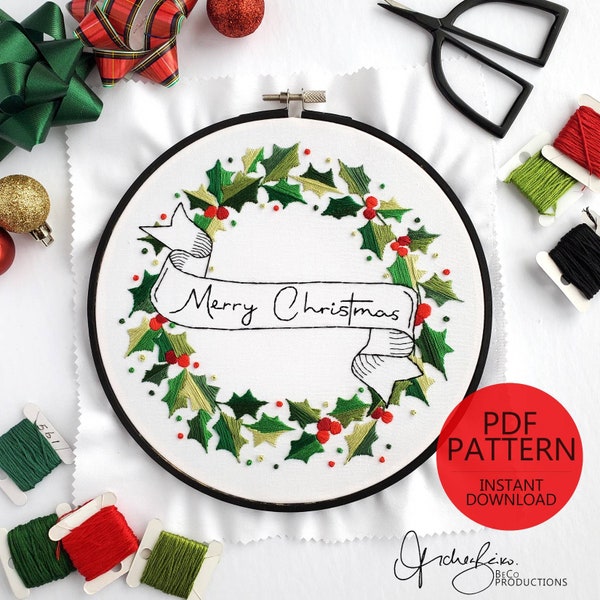 Merry Christmas Holly Wreath Embroidery Pattern & Guide - PDF Digital Download (BeCoProductions)