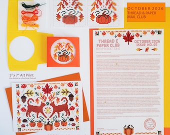 Thread & Paper Club Mail Club Current Edition, Oct2026 (Issue05) Cat Autumn Foliage Folk Art Inspired Cross Stitch Pattern (BeCoProductions)