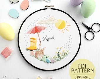 APRIL Monthly Series Wreath Embroidery Pattern & Guide - DIY Digital Download - PDF Pattern, April Embroidery, Monthly Embroidery Series