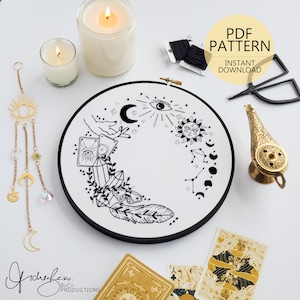 Witchy Mystical Spiritual Wreath Embroidery Pattern & Guide - Digital Download - PDF, Wicca Art, Pagan Art, Halloween Art (BeCoProductions)