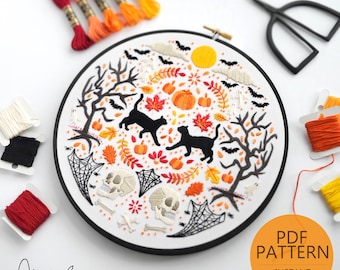 Black Cat Embroidery Pattern PDF, Halloween Hand Embroidery Design, Pumpkin Folk Art Pattern, Spooky Season Instant Download
