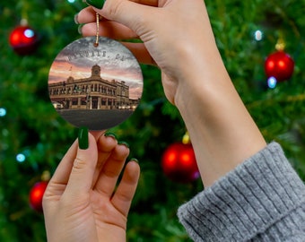 Oakdale, CA Round Ceramic Ornament Small Town Clock Tower Bank Sunset Stanislaus County