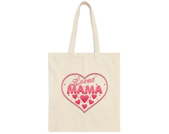 Loved Mama Pink Hearts Mother's Day Valentine's Day Cotton Canvas Tote Bag