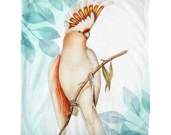 Pink Cockatoo Ledbetter Painting Tropical Bird Aqua Leaves Fleece Blanket