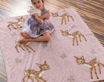 Vintage Deer Pink Rose Velveteen Plush Blanket
