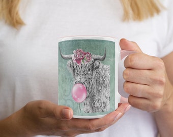 Highland Cow, Cow Lover, Cow Gift, Bubble Gum, Highland Cow Chewing Gum Accent Mug