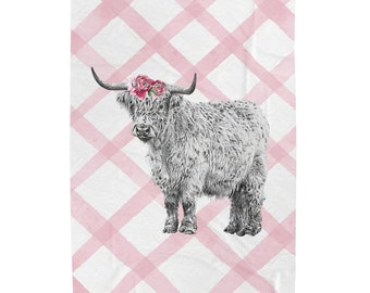 Cute Cow Pink Plaid Highland Cow Furry Cow Girl Room Gift Cow Lover Highland Cow Velveteen Throw Blanket