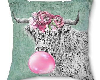 Highland Cow Furry Cute Cute Blowing Bubble Gum Pink Flowers Girl Gift Cow Lover Faux Suede Square Pillow