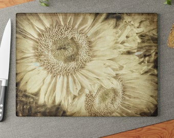 Sepia Rustic Sunflower Glass Cutting Board