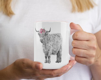 Highland Furry Cute Cow Pink Peony Flower Accent Mug