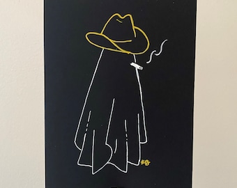 May include: A black and white illustration of a ghost wearing a yellow cowboy hat and smoking a cigarette. The ghost is drawn in a simple, minimalist style.
