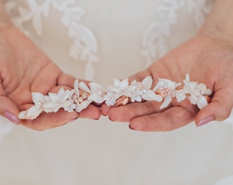Rose Gold Bridal Hair Vine, Leaf Wedding Hair Vine With Swarovski Crystals, Classic Bridal Hair Vine, Clay Flower Bridal Headpiece