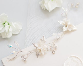 Delicate Floral Silver Bridal Hair Vine, Elegant Crystal Silver Wedding Hair Vine With Ivory Flowers, Silver Bridal Floral Hairvine Piece