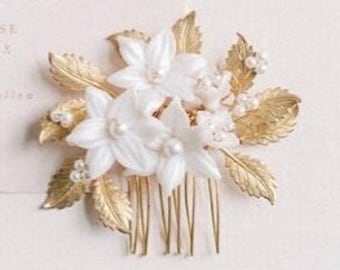 Small Gold Leaf Floral Hair Comb, Gold Clay Flower Bridal Comb, Gold Leaf Wedding Hair Comb, Side Hair Comb With Clay Flowers, Gold Comb