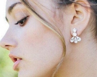 Swarovski Crystal Bridal Earrings In  SterlingSilver,  Fan Shape Tear Drop Bridal Crystal Dangle Earrings, Sparkly Rhinestone Earrings,