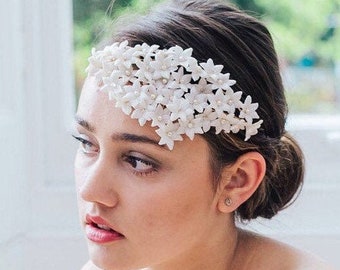 Clay Flowers Tiara Bridal Headpiece, Delicate Off White Crystal Floral Wedding Headband, Handmade Pretty Bridal Hairpiece For A Modern Bride