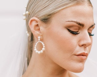 Bridal Hoop Pearl Earrings Silver, Bridal Pearl Earrings Hoop, Bride Hoop Earrings For Wedding Day, Wedding Earings For Bride Pearl Hoops