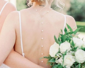 Delicate Bridal Backdrop Necklace Gold Filled, Simple Freshwater Pearl Choker, Backless Wedding Dress Jewellery, Dainty Bridal Chain