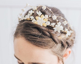 Delicate Gold Floral Bridal Crown, Goddess Dainty Gold And White Flowers Tiara Crown, Crystal Wired Gold Halo Crown With Ribbons,