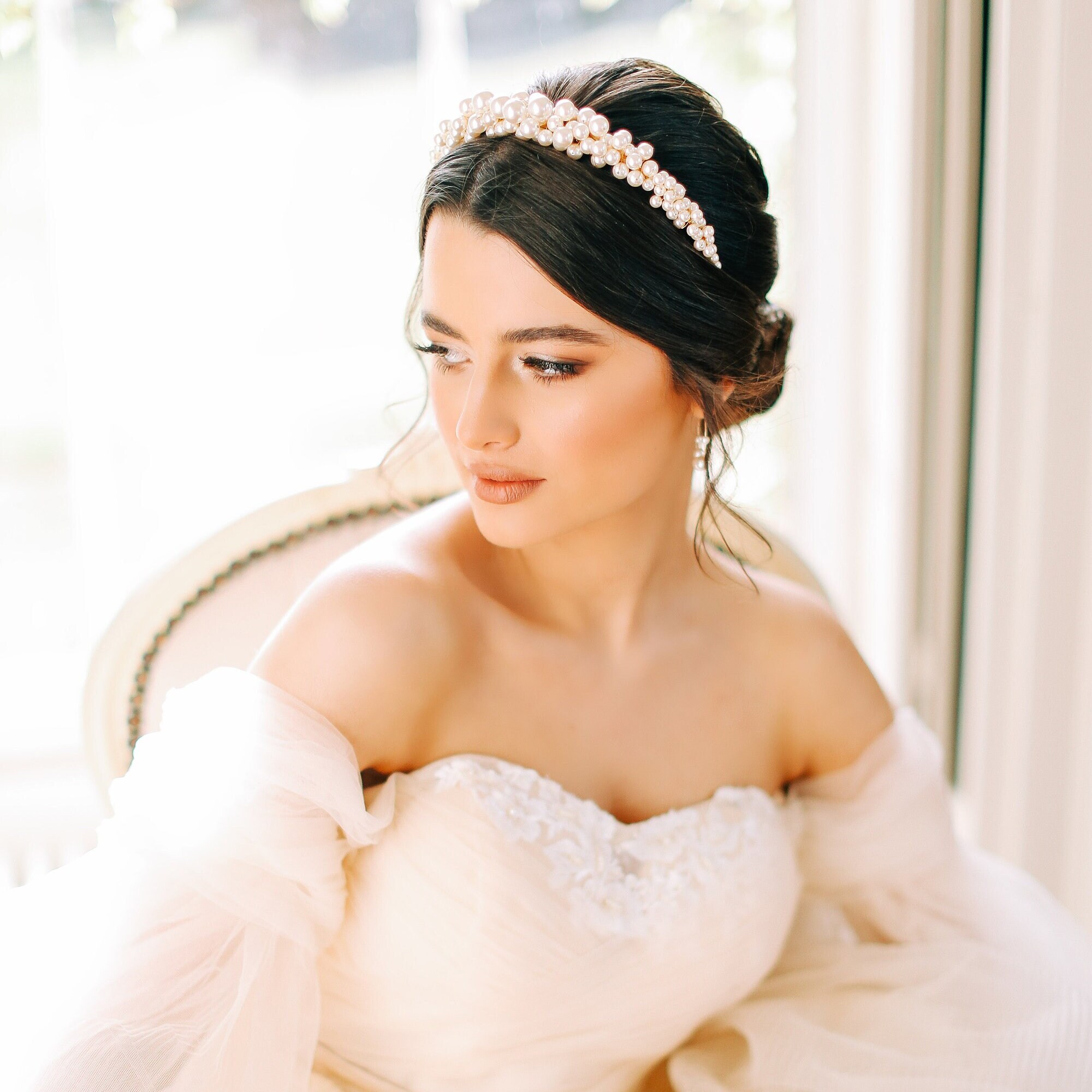 BHLDN Style Cluster Pearl Padded Bridal Headband Velvet Wedding Crown Tiara New Pearl Headband • Pearl & Crystal Wedding Headband • Bridal  main image 2