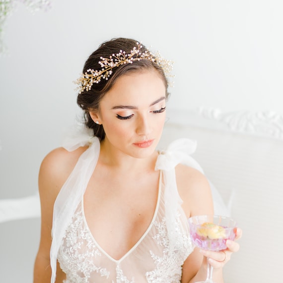 Buy Gold Swarovski Pearl and Crystal Bridal Tiara, Dainty Wedding