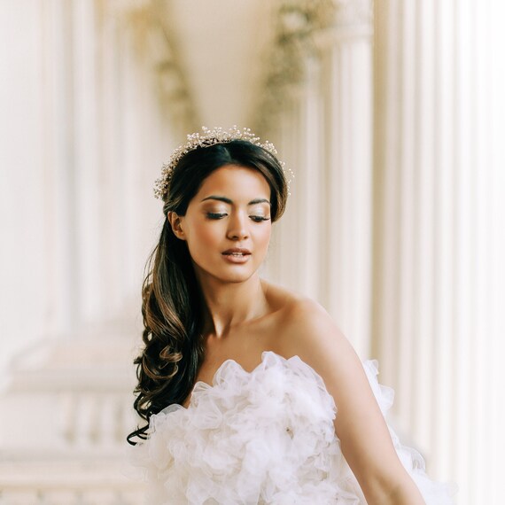 Gold Swarovski Pearl and Crystal Bridal Tiara, Dainty  display picture 2