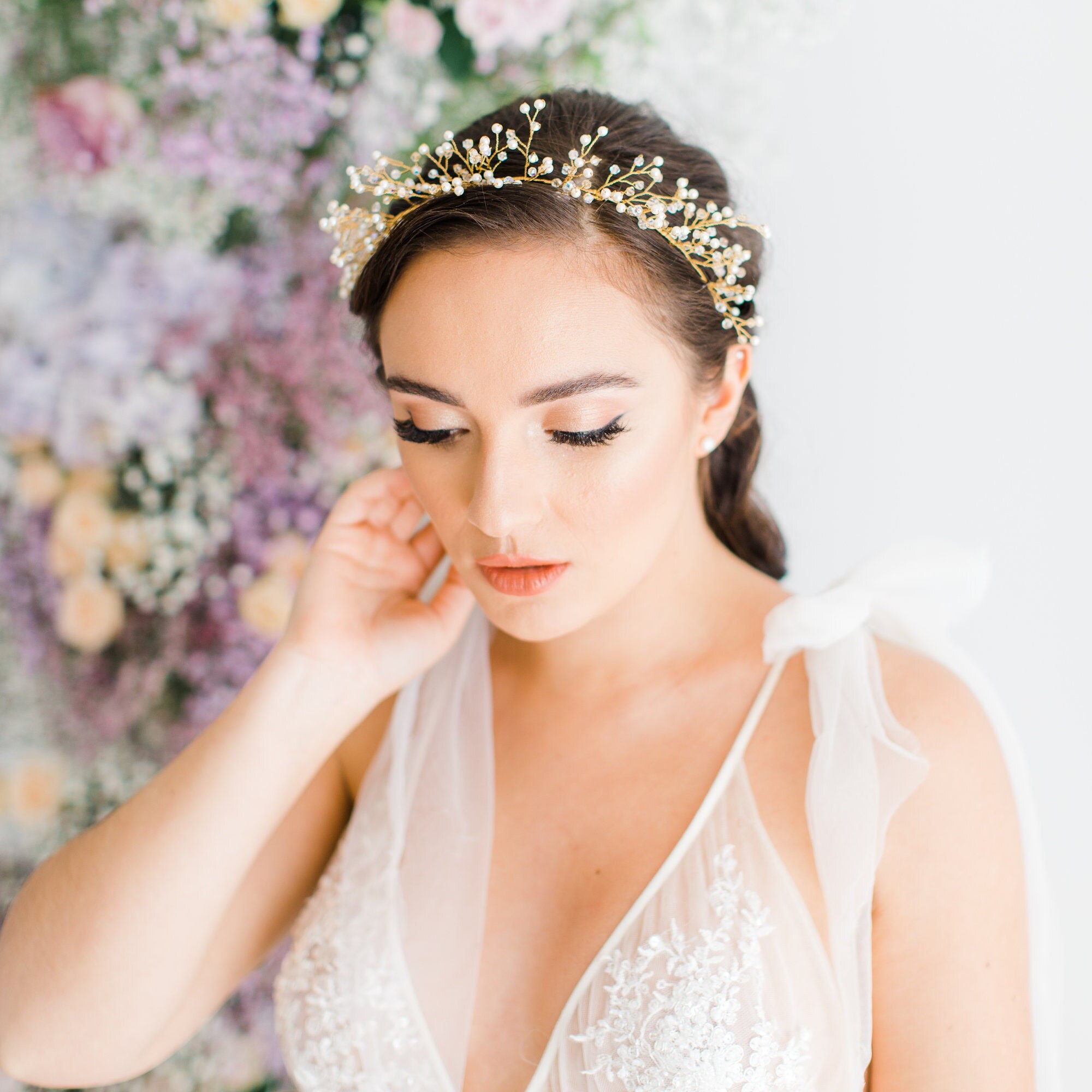 BRIDELLA BHP322 Golden Bridal Tiara  Crown Wedding Headband Hair Jewelry Gold bridal Crown of Leaves Flowers - Be Something New main image 2