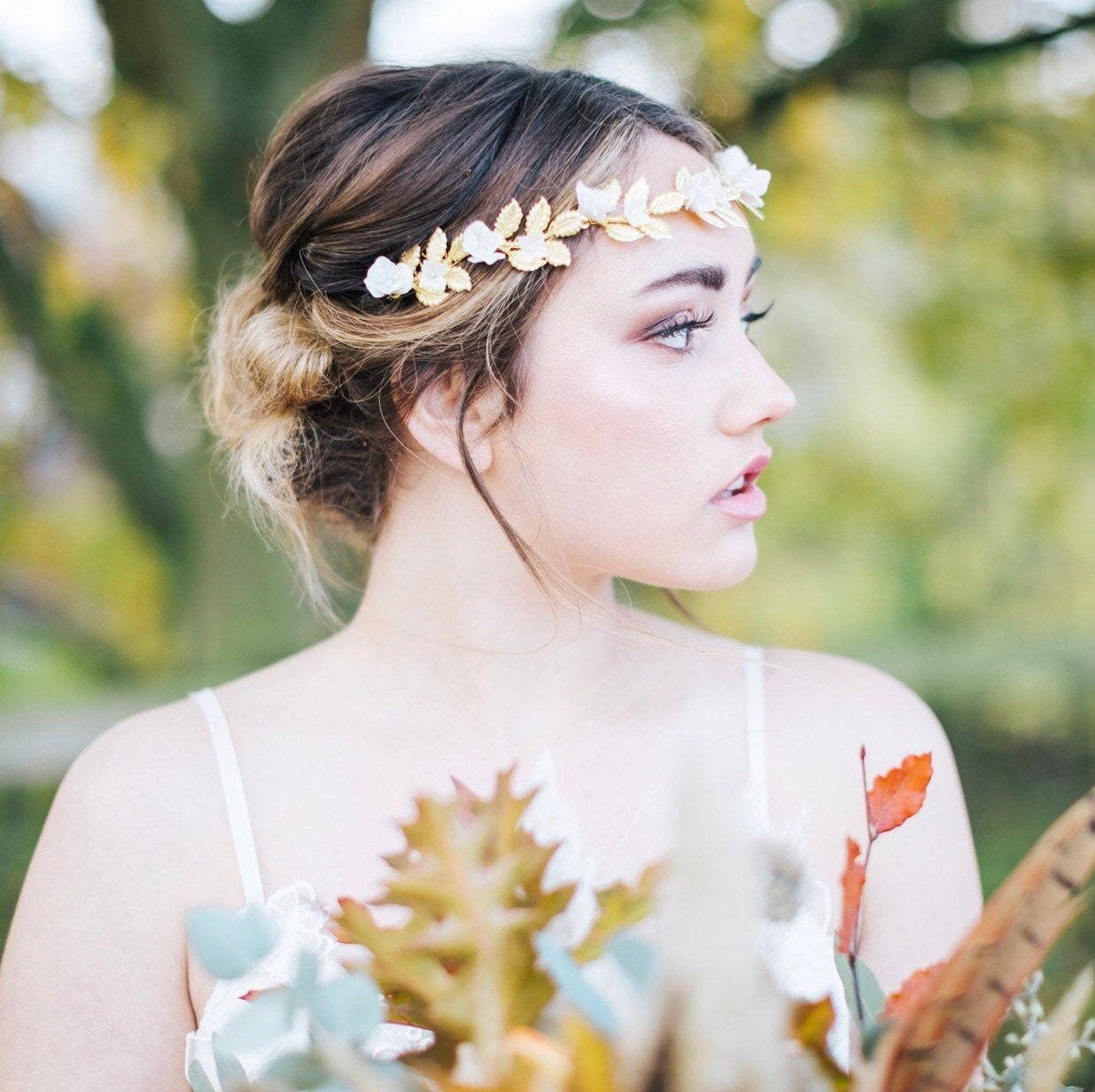 Gold Floral Bridal Crown Boho Goddess Headpiece w/ Crystal + Ribbon Tie Golden Moon Crown Eucalyptus Floral Goddess Headpiece  main image 4