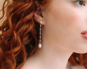 Long Pearl Drop Earrings, Pearl Drop Earrings Bridal, Freshwater Pearl Bridal Earrings, Pearl Chain Earrings, Pearl Wedding Earrings