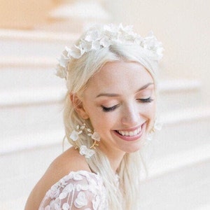 White Flower Crown, Bridal Flower Crown with Handmade Band, Bridal Headpiece, Clay Floral Wedding Headband, Flower Halo Headband image 8