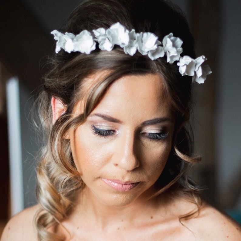White Flower Crown, Bridal Flower Crown with Handmade Band, Bridal Headpiece, Clay Floral Wedding Headband, Flower Halo Headband image 9