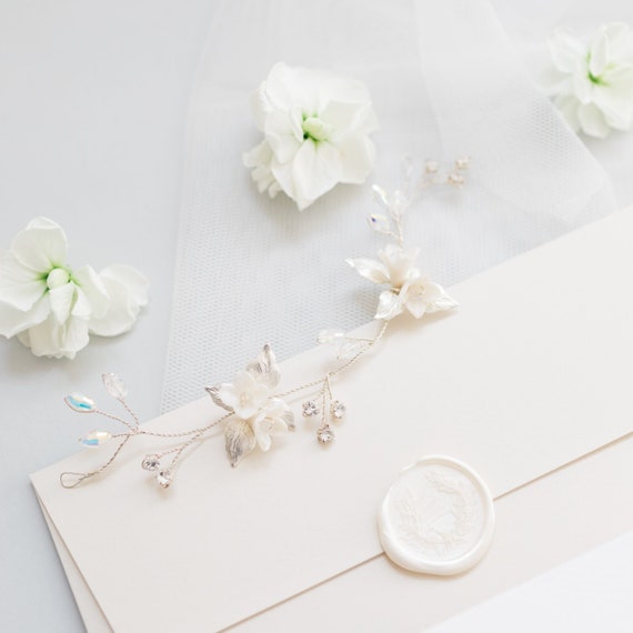 Delicate Silver and White Bridal Hair Vine letisha-ivory-flowers-and-  main image 3