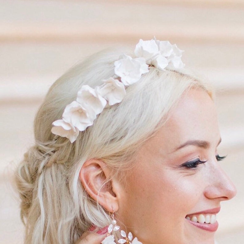 White Flower Crown, Bridal Flower Crown with Handmade Band, Bridal Headpiece, Clay Floral Wedding Headband, Flower Halo Headband image 6