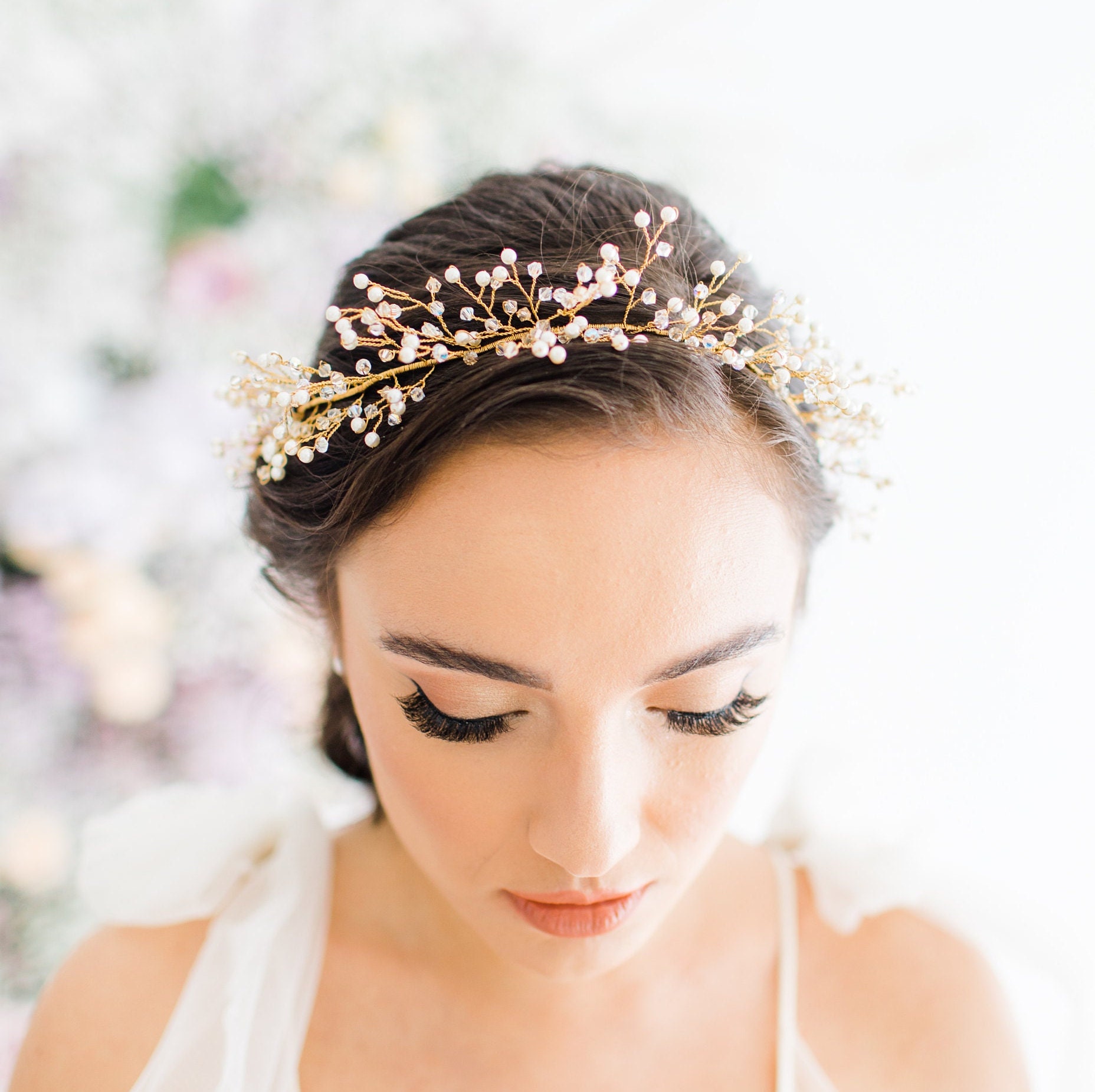 Gold Swarovski Pearl and Crystal Bridal Tiara, Dainty Wedding
