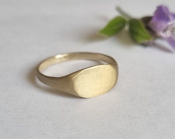 May include: A gold signet ring with a smooth, oval-shaped top. The ring is made of a brushed metal and has a simple, elegant design.